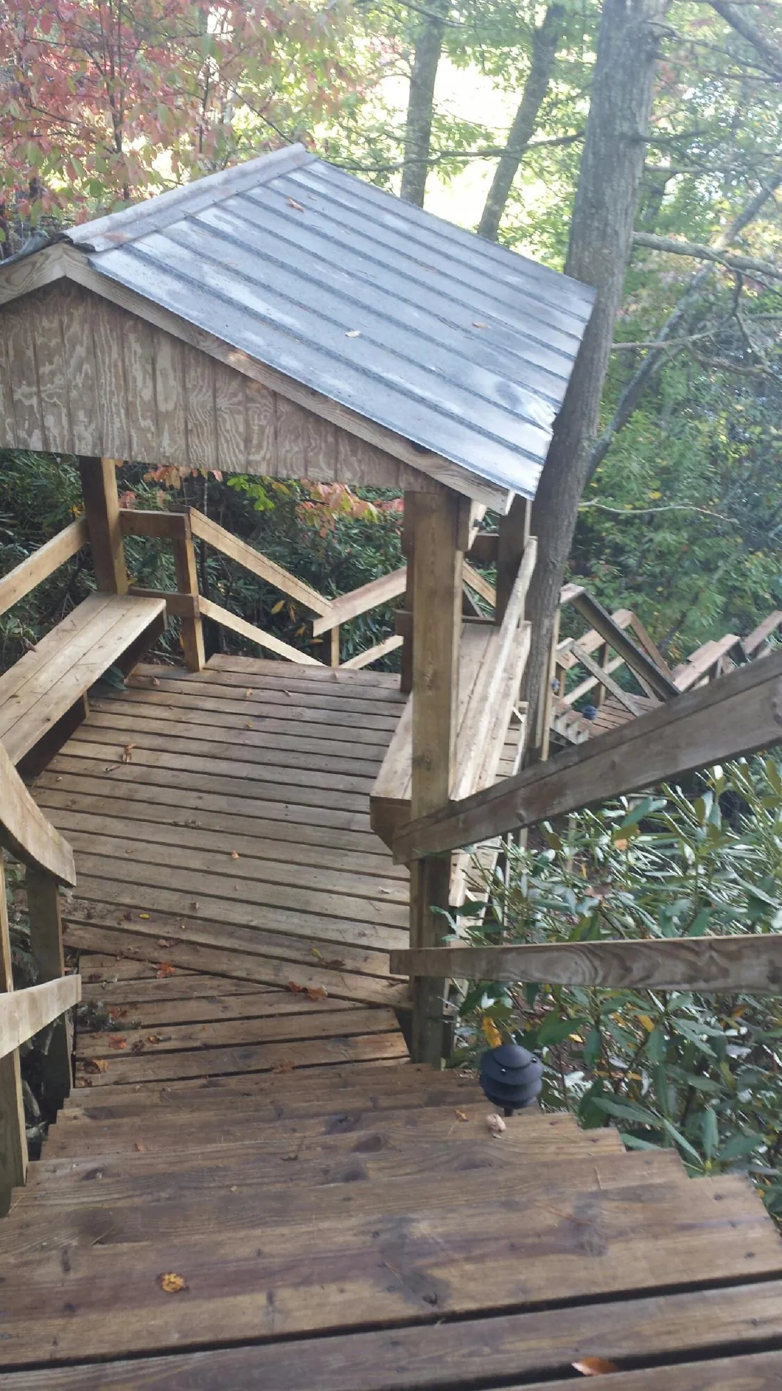 Metal roofed shelter over wooden steps on a wooded walkway — Skylight Repair & Installation work by our crew in Great River